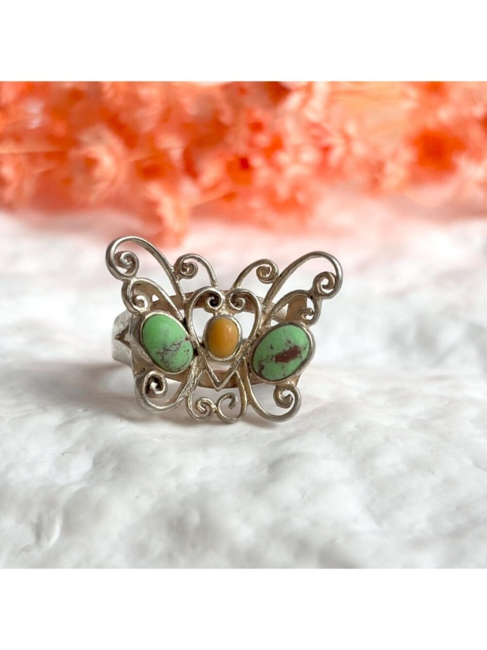 Turquoise & Coral Gemstone Butterfly Sterling Silver 925 Vintage Ring - sz 6.75 - Picture 12 of 16